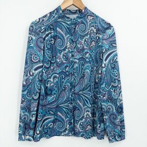 Vintage‎ 70s Blue Paisley Top Womens M Long Sleeve Retro Boho Disco Groovy Mod